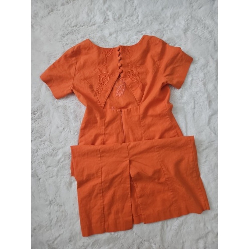 Tower Hill Collection Orange Linen Blend Embroidered Midi Dress Cutout Back 10